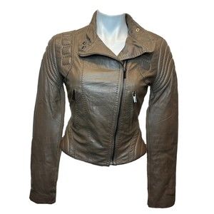 BCBGMAXAZRIA 100% Leather Jacket XS Cropped Padded Zip Pockets Light Brown Biker